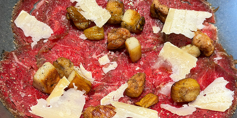 Carpaccio with foie gras, porcini mushrooms, and cheese